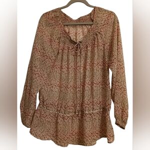 WOMEN'S SHEER MULTICOLORED BOHO STYLE LONG SLEEVE BLOUSE SIZE LARGE 🩷🤎